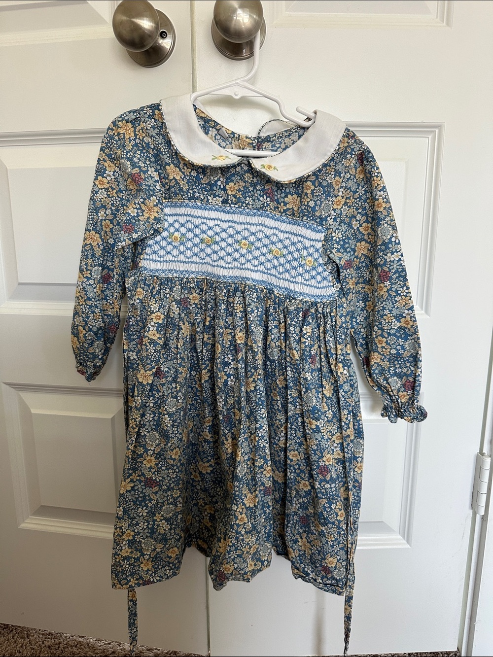 Sweet Dreams Blue Floral Smocked Dress with White Peter Pan Collar